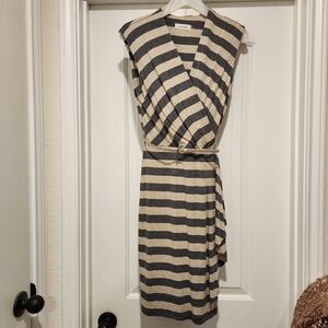 Calvin Klein Neutral Striped Wrap Dress  Minimalist Coastal Casual Belted Soft 2